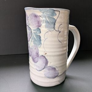Hand-made Pottery Pitcher Artisan Signed Decorative Grape Design As Is